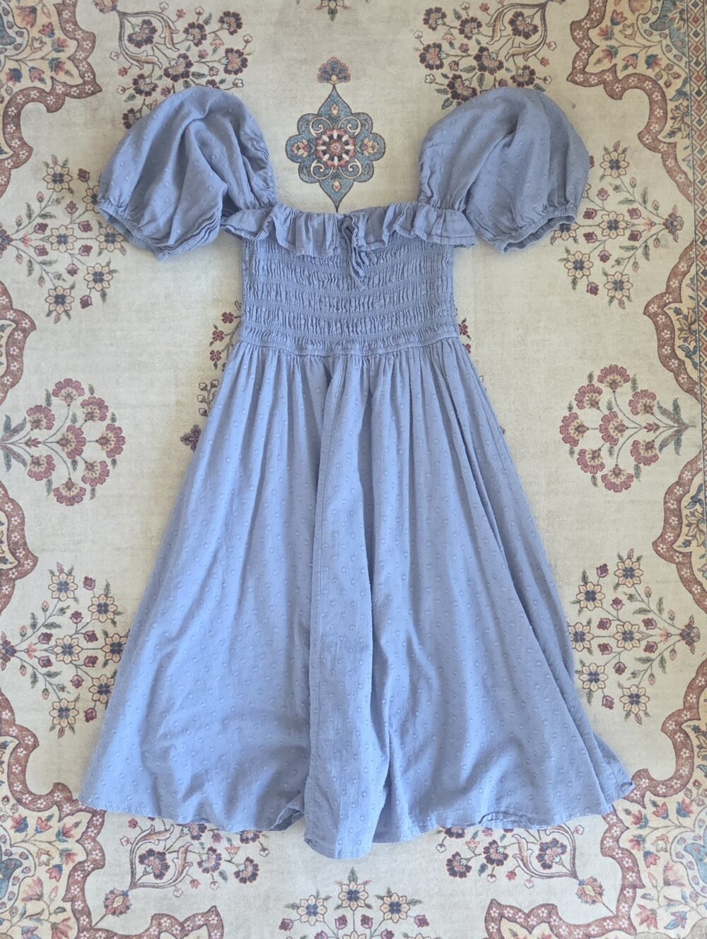 Blue Puff-Sleeve Dress Smocked Bodice- Size L